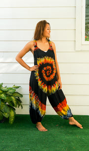 J54- Black and Orange Hand Dyed Hippie Racerback Dungarees Jumpsuit Romper