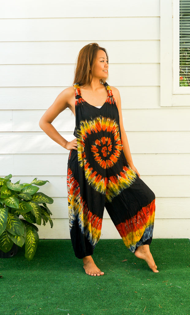 J54- Black and Orange Hand Dyed Hippie Racerback Dungarees Jumpsuit Romper