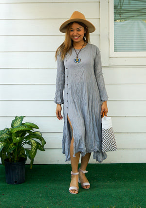 Gray Raw Natural Crinkled Cotton Dress