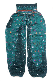 Teal Peacock Feather Harem Pants