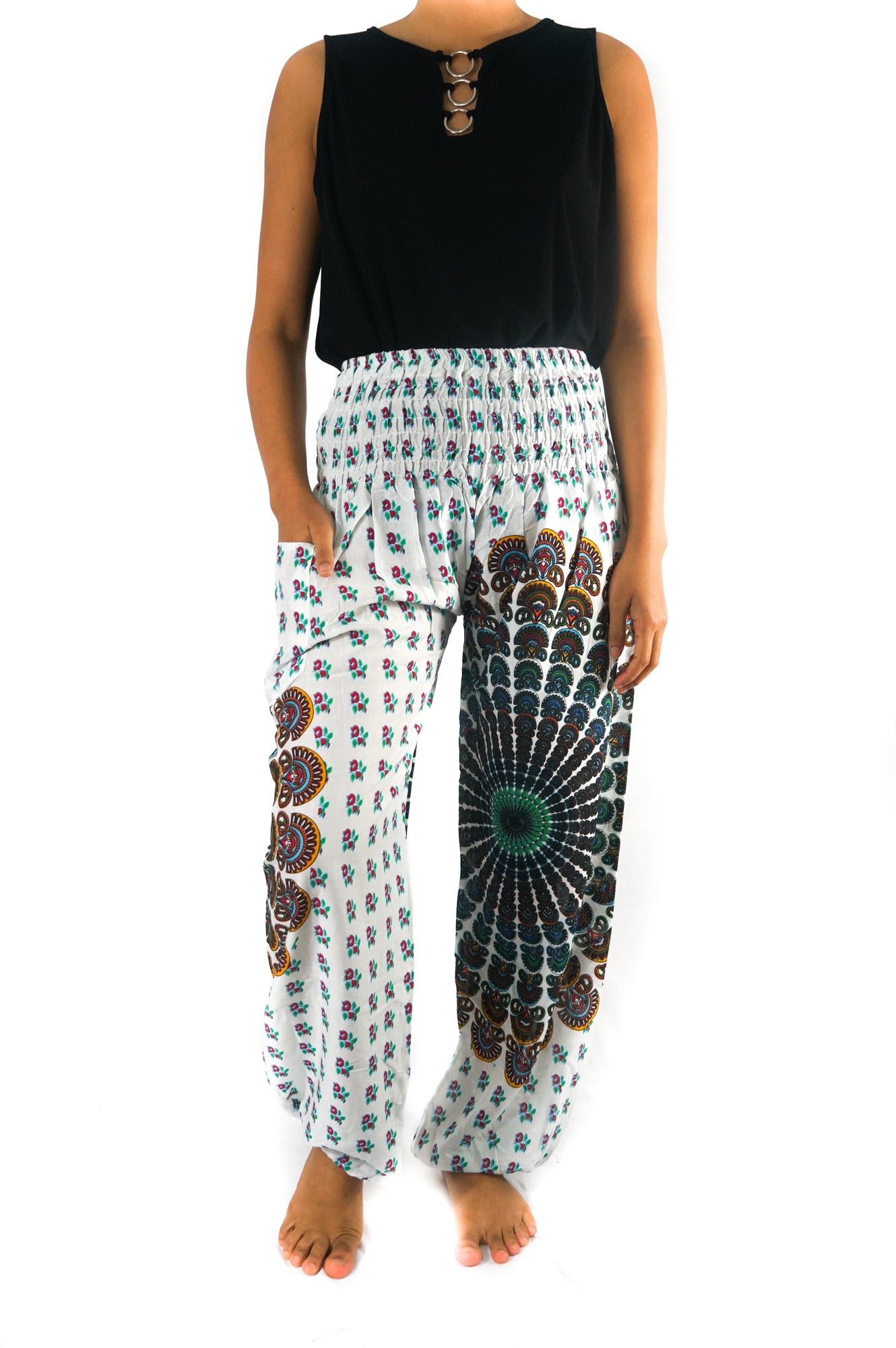 White Full Moon Chakra Mandala Harem Pants