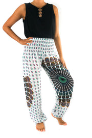 White Full Moon Chakra Mandala Harem Pants