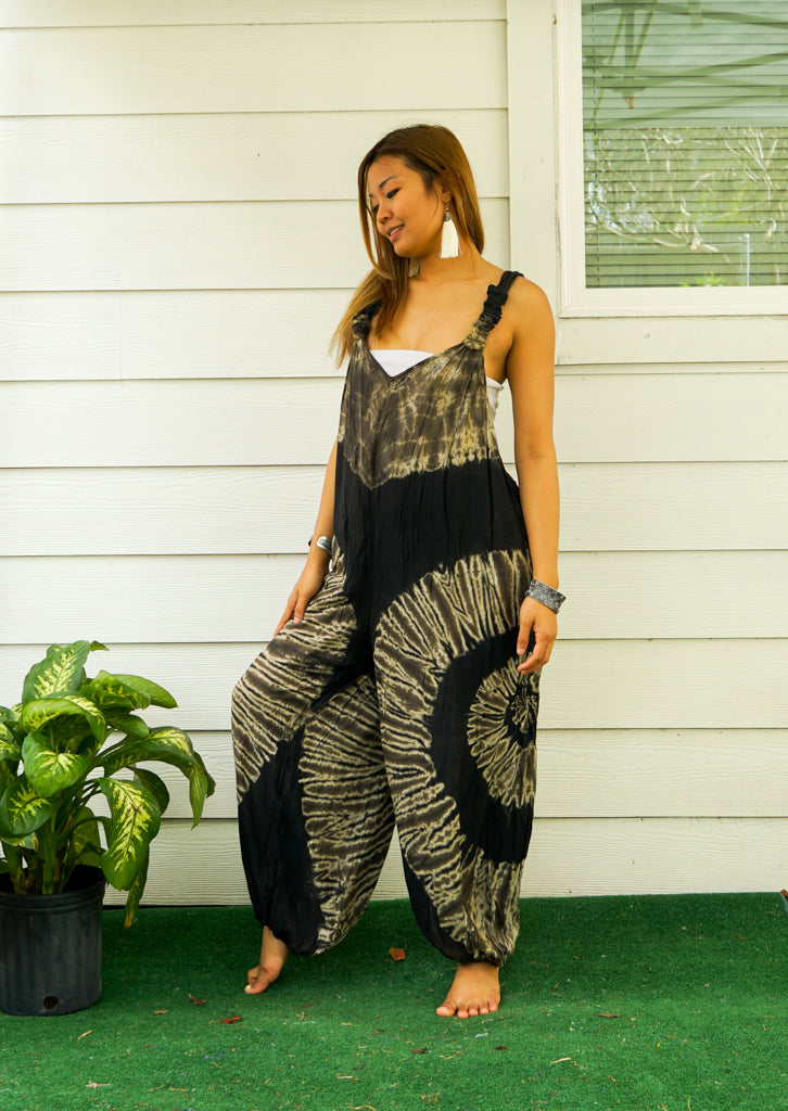 J52- Black and White Side Swirl Hand Dyed Hippie Racerback Jumpsuit Romper