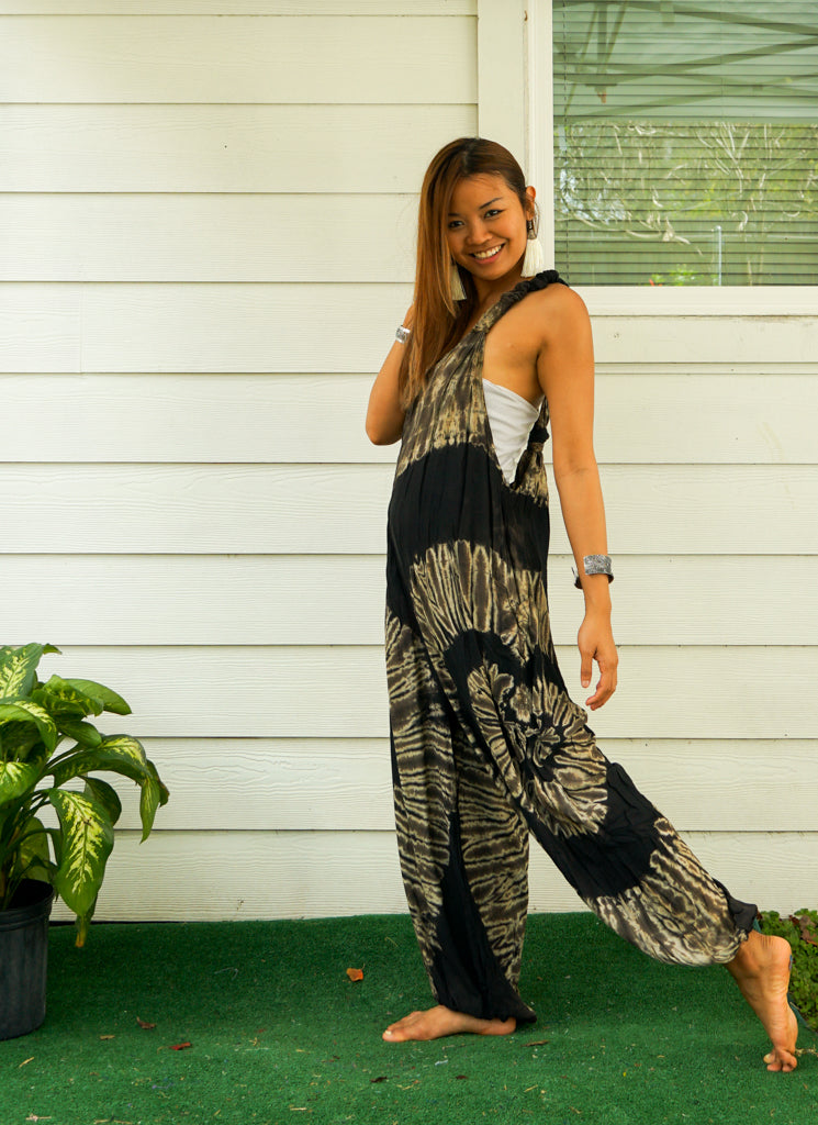 J52- Black and White Side Swirl Hand Dyed Hippie Racerback Jumpsuit Romper