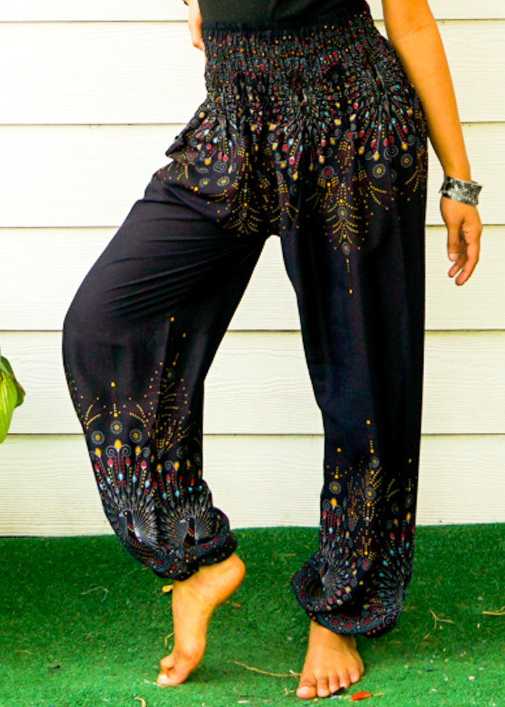 Black Midnight Peacock Harem Pants