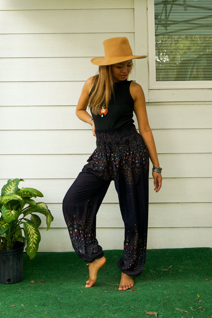 Black Midnight Peacock Harem Pants