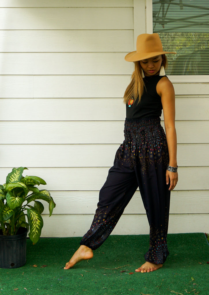 Black Midnight Peacock Harem Pants