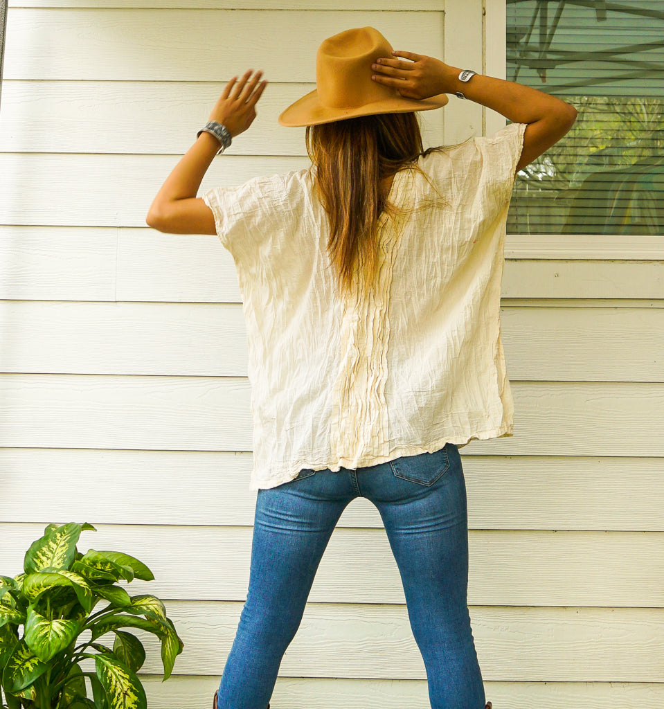 Ivory Raw Natural Crinkled Cotton Gauze Blouse