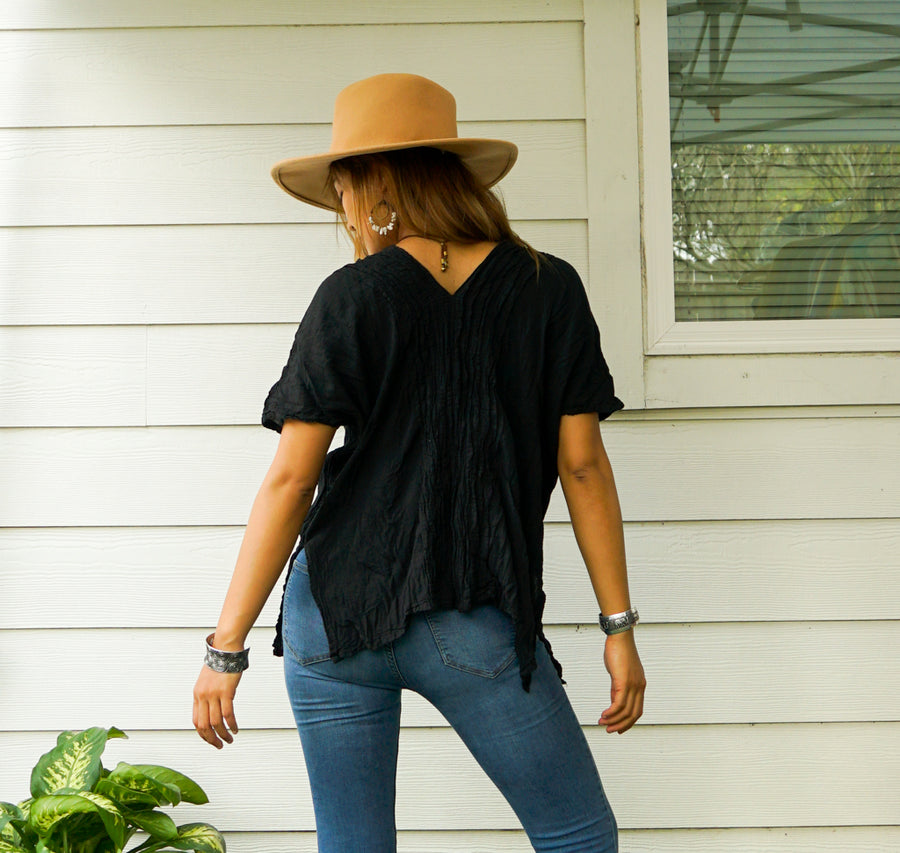 Black Raw Natural Crinkled Cotton Gauze Blouse