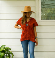 Rust Orange Raw Natural Crinkled Cotton Gauze Blouse