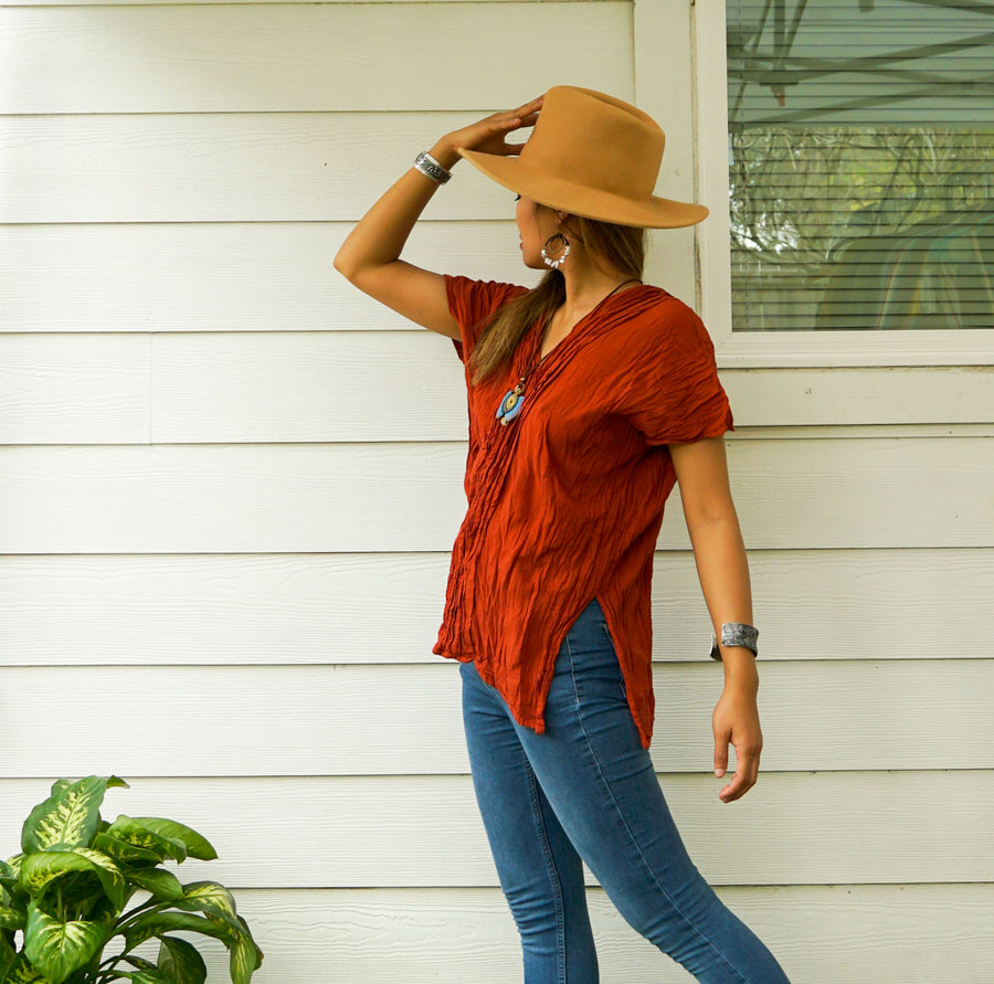 Rust Orange Raw Natural Crinkled Cotton Gauze Blouse