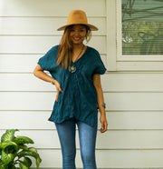 Teal Raw Natural Crinkled Cotton Gauze Blouse