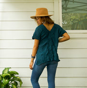 Teal Raw Natural Crinkled Cotton Gauze Blouse