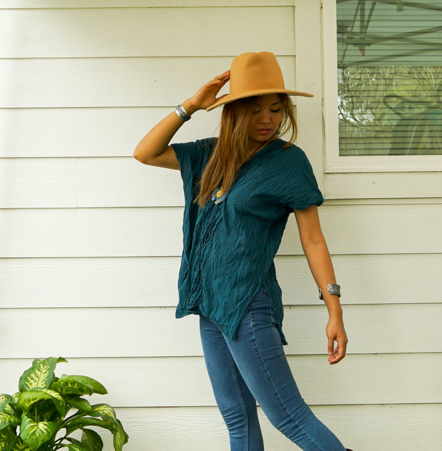 Teal Raw Natural Crinkled Cotton Gauze Blouse
