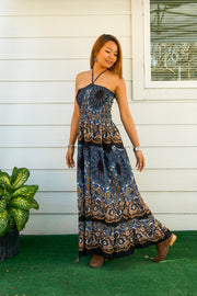 Blue Floral Tiered Mandala SunDress Maxi Dress