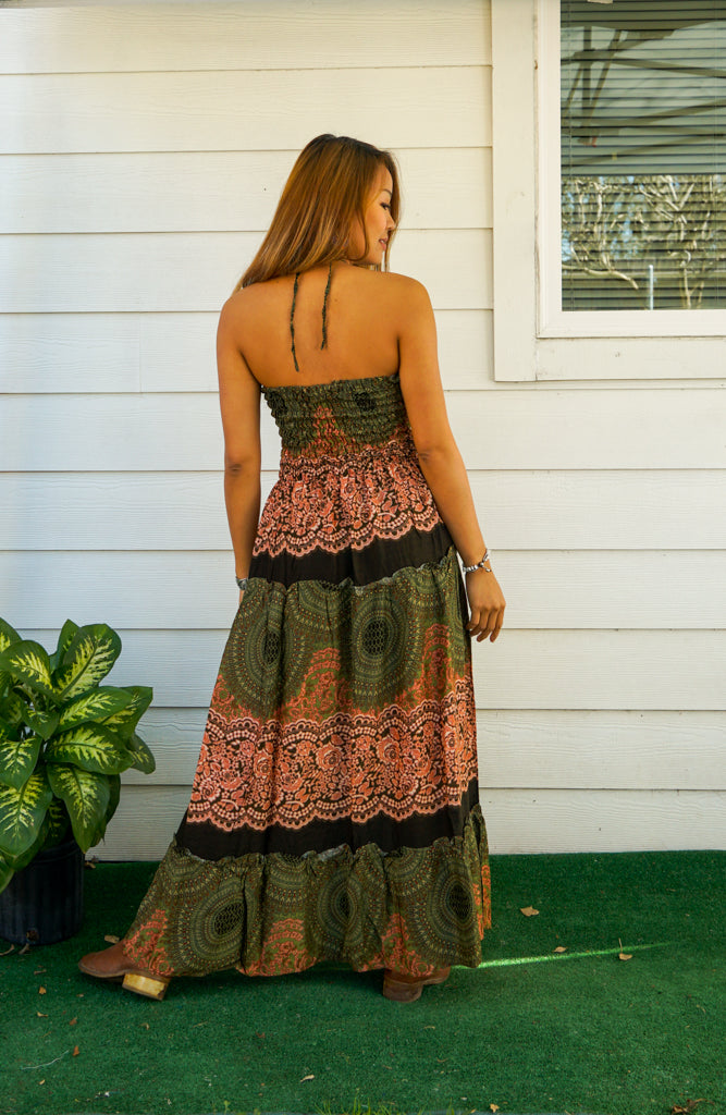 Brown Mandala Tiered SunDress Maxi Dress