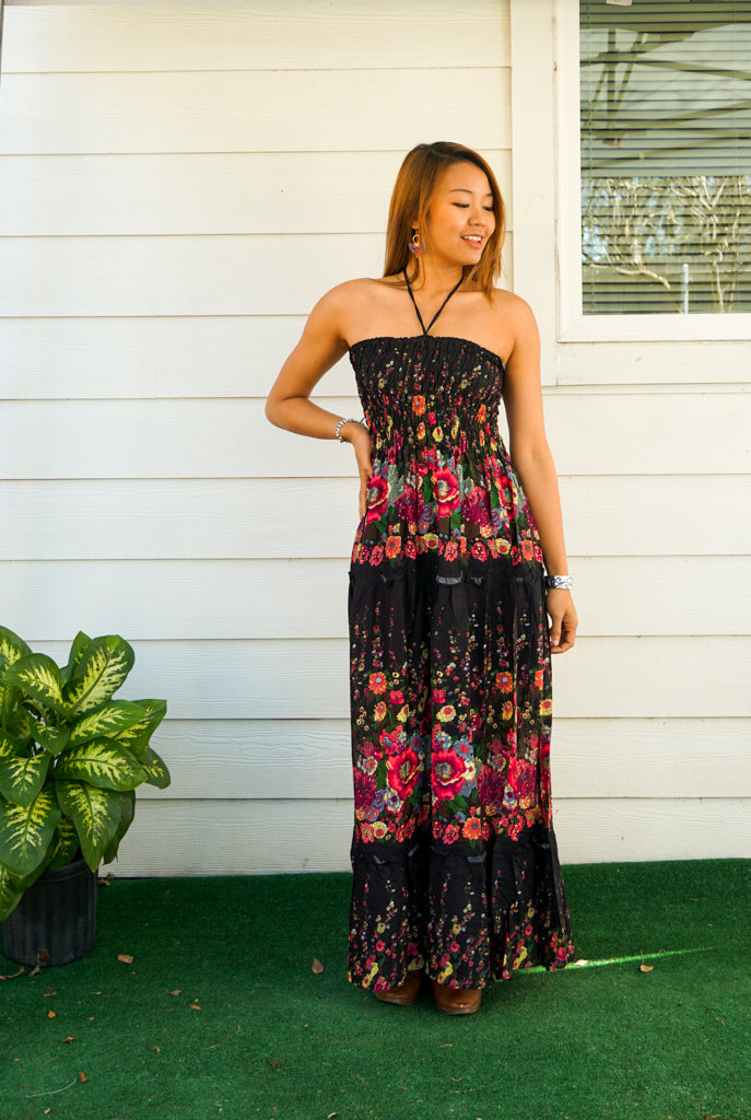 Black Floral Tiered SunDress Maxi Dress