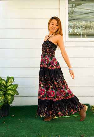 Black Floral Tiered SunDress Maxi Dress
