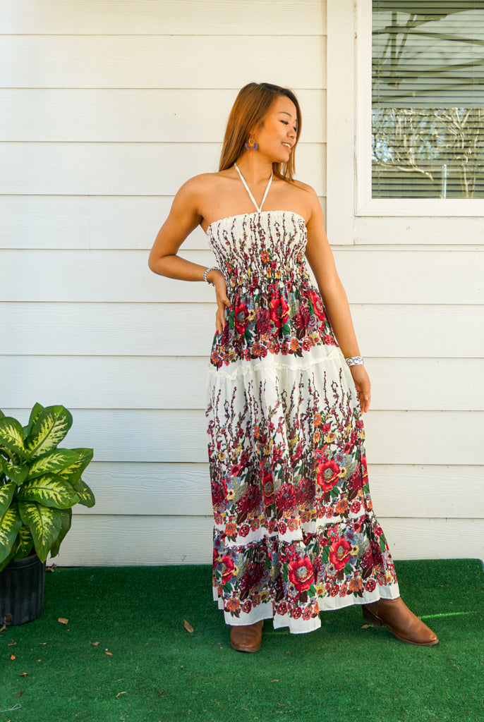 Ivory Floral Tiered SunDress Maxi Dress