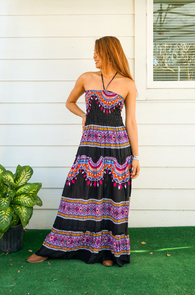 Black and Pink Tiered SunDress Maxi Dress Lamsri Bohemian