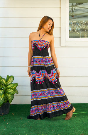 Black and Pink Tiered SunDress Maxi Dress