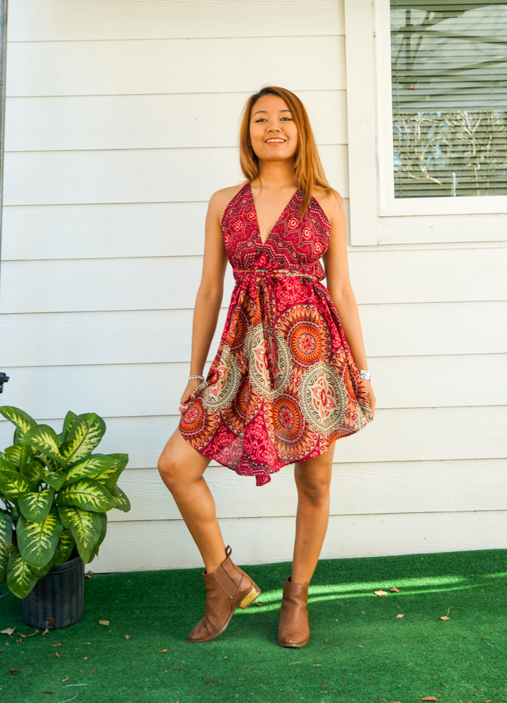 Burgundy Lotus Boho Short Dress