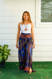 Regal Peacock Feather Palazzo Wrap Pants