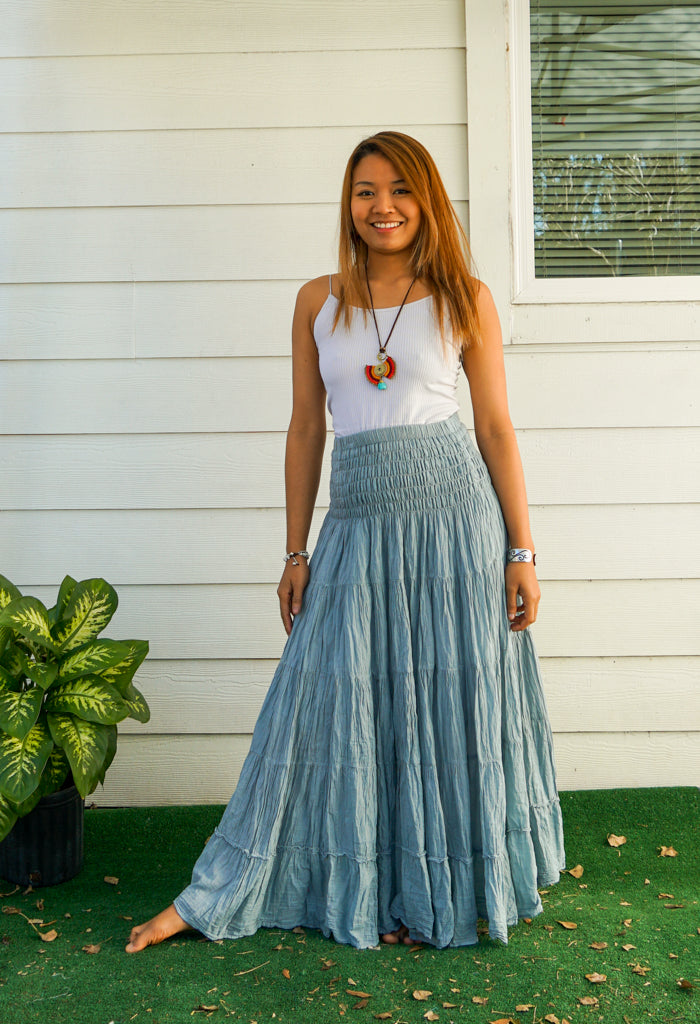 Gray Raw Crinkled Organic Cotton Gauze Tiered Maxi Skirt