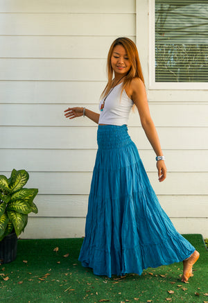 Blue Raw Crinkled Organic Cotton Gauze Tiered Maxi Skirt