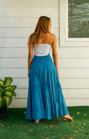Blue Raw Crinkled Organic Cotton Gauze Tiered Maxi Skirt