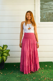 Pink Raw Crinkled Organic Cotton Gauze Tiered Maxi Skirt