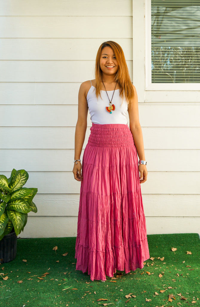 Pink Raw Crinkled Organic Cotton Gauze Tiered Maxi Skirt