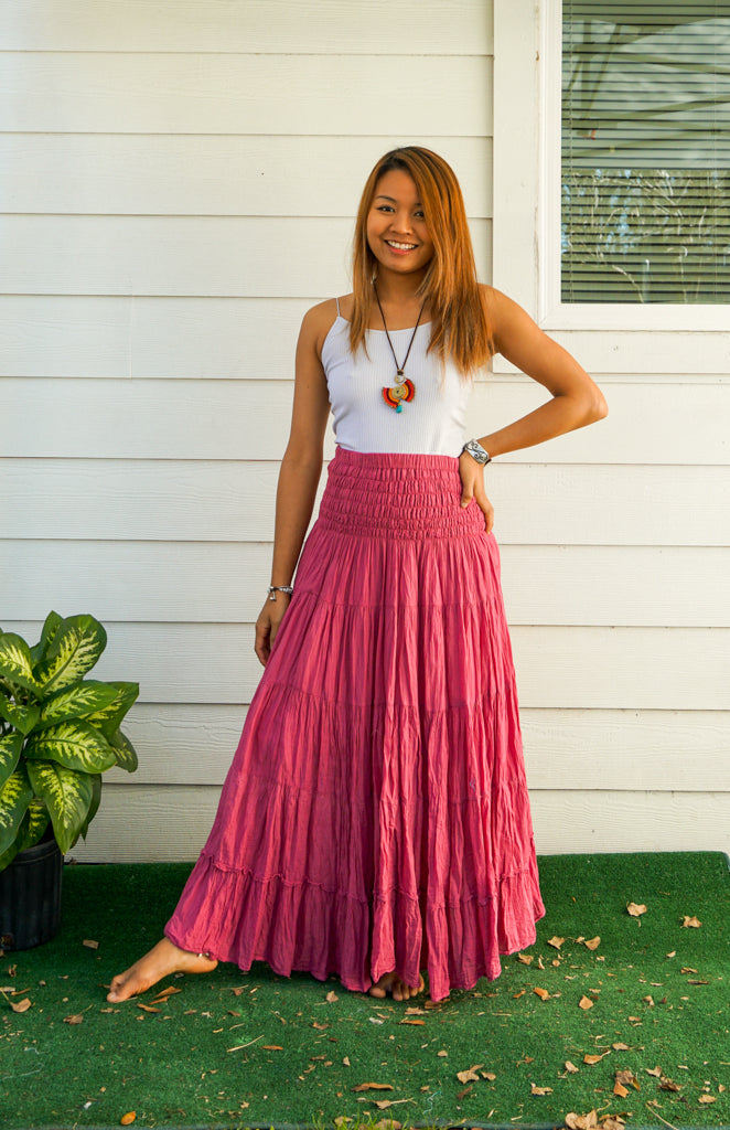 Pink Raw Crinkled Organic Cotton Gauze Tiered Maxi Skirt Lamsri Bohemian