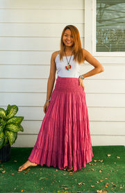 Pink Raw Crinkled Organic Cotton Gauze Tiered Maxi Skirt