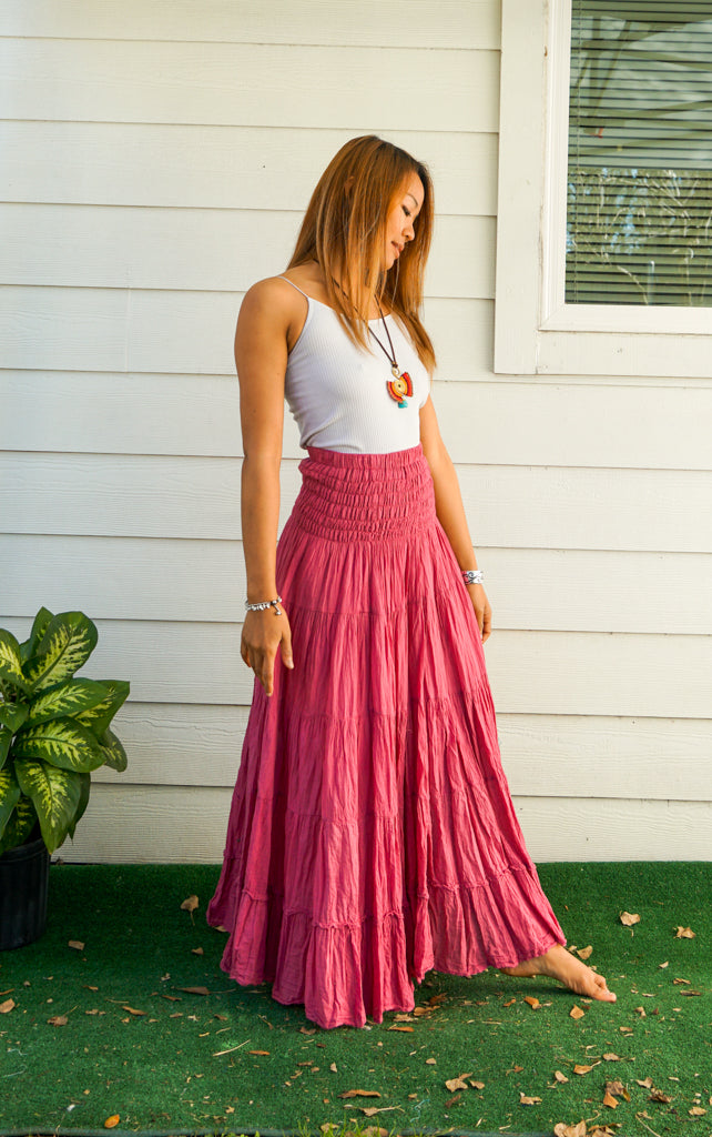 Pink Raw Crinkled Organic Cotton Gauze Tiered Maxi Skirt