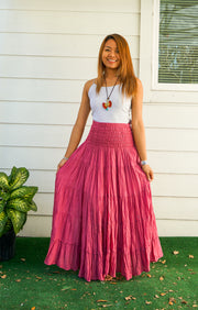 Pink Raw Crinkled Organic Cotton Gauze Tiered Maxi Skirt