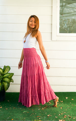 Pink Raw Crinkled Organic Cotton Gauze Tiered Maxi Skirt