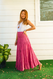 Pink Raw Crinkled Organic Cotton Gauze Tiered Maxi Skirt