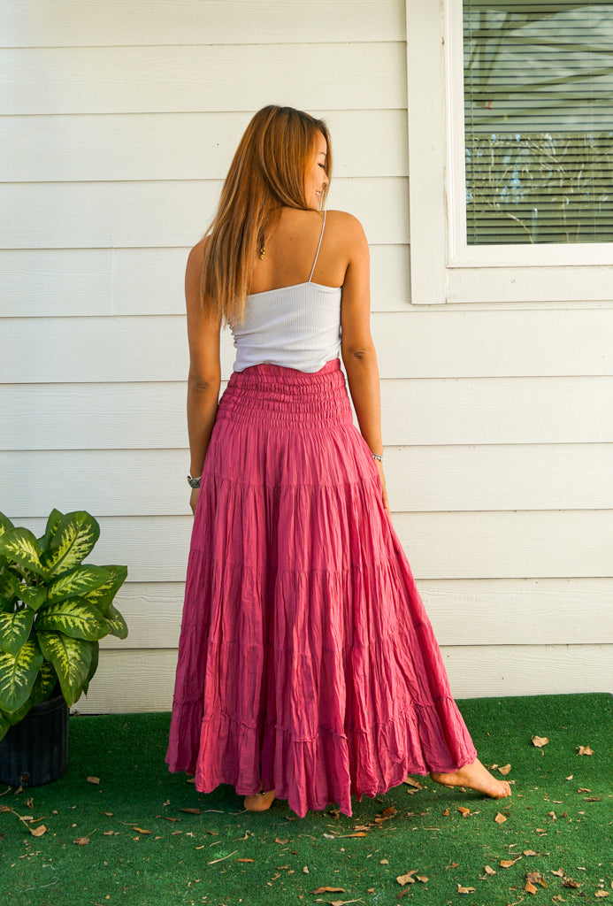 Pink Raw Crinkled Organic Cotton Gauze Tiered Maxi Skirt