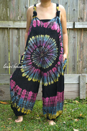 J56- Black and Pink Tie Dye Hippie Racerback Jumpsuit Romper