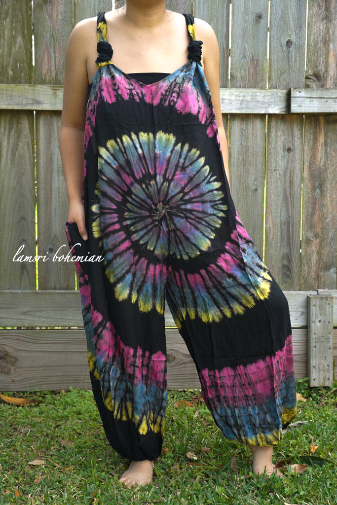 J56- Black and Pink Tie Dye Hippie Racerback Jumpsuit Romper