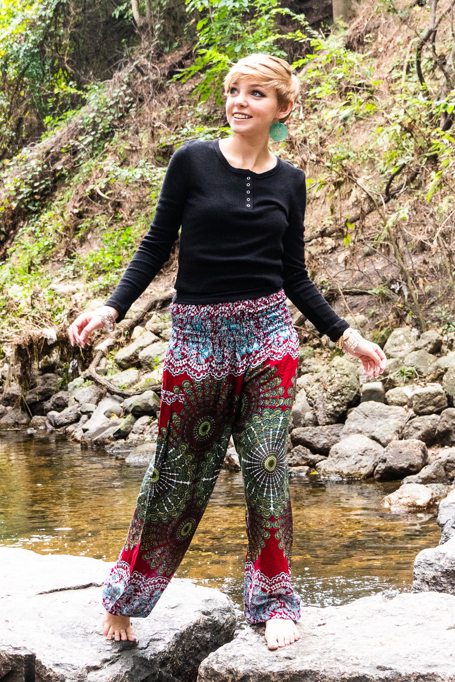 Red Rose  Peacock Tail Harem Pants