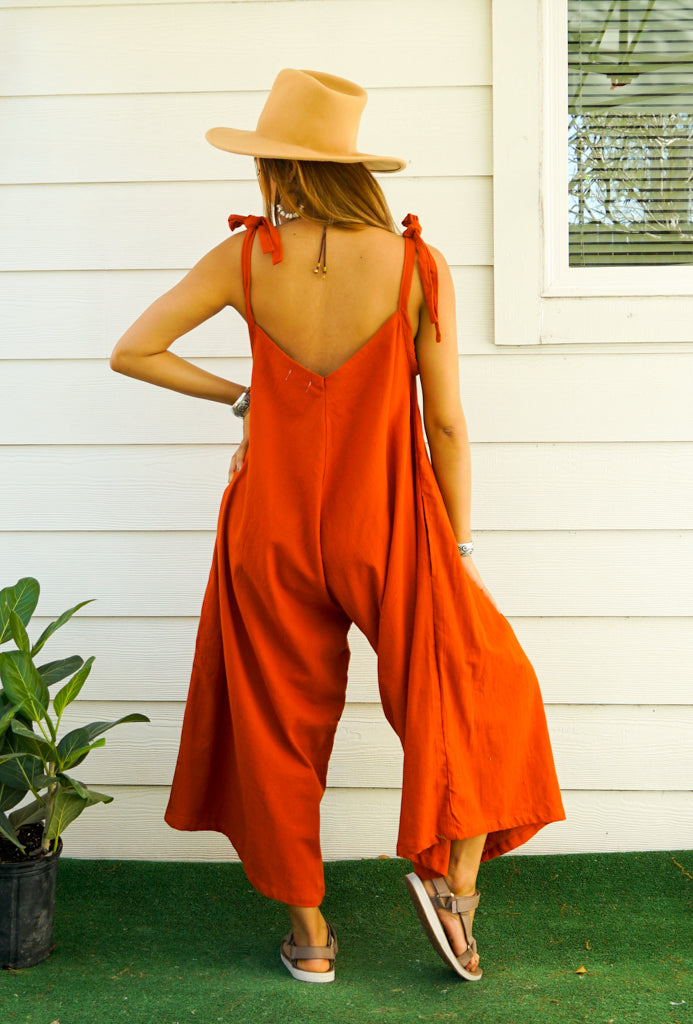 Rust Raw Organic Cotton Jumpsuits with Pockets