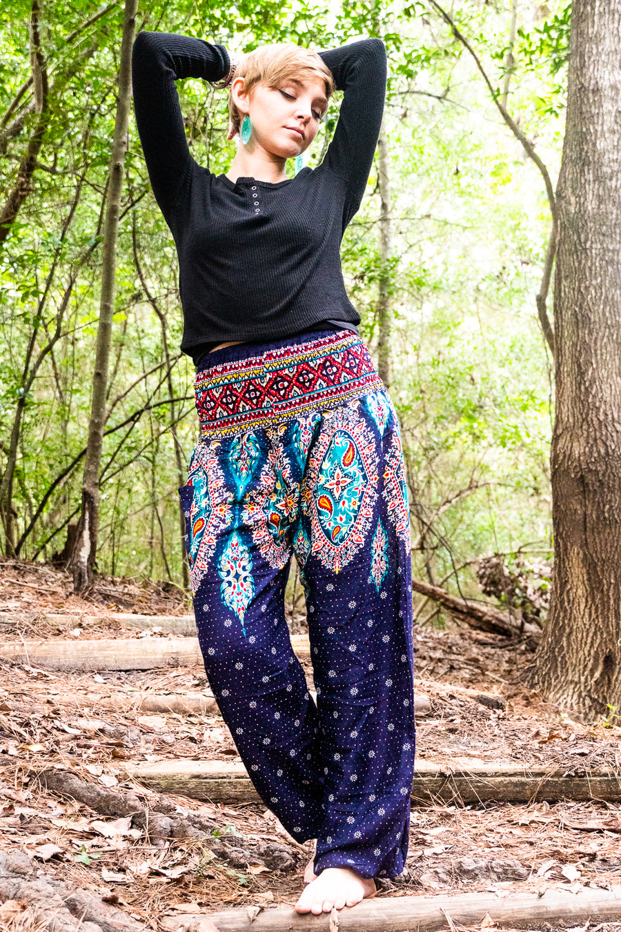 Indigo Diamond Flower Harem Pants