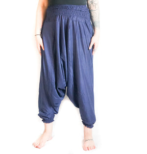 Solid Dark Blue Low Cut Harem Pants
