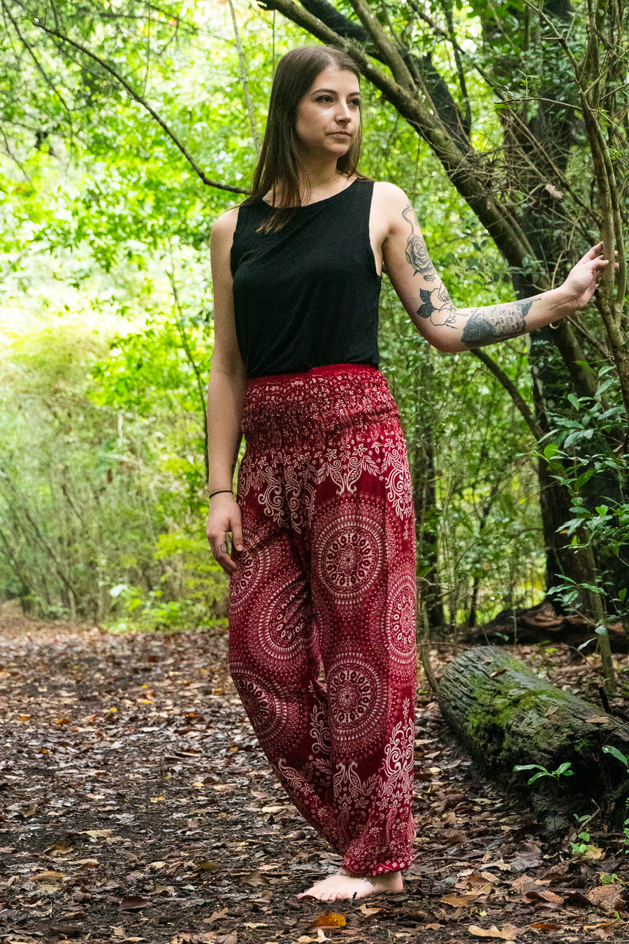 Burgundy Blossom Mandala Harem Pants