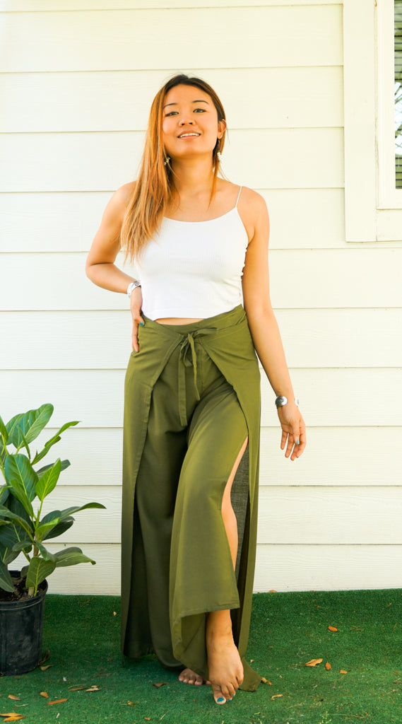 Olive green linen casual look palazzo pant - G3-WFP38 | G3fashion.com