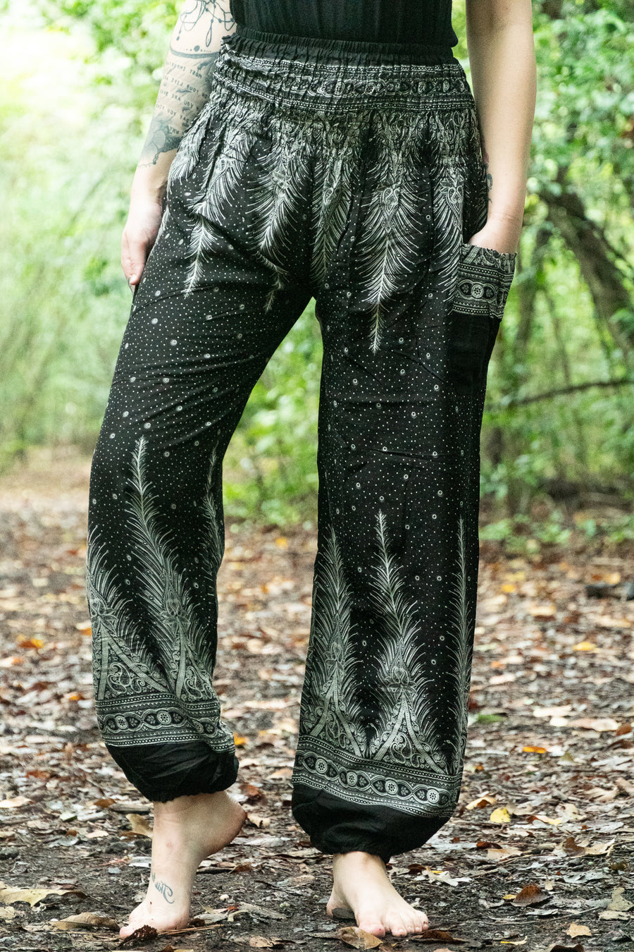 Black Peacock Light Feather Plus Size Harem Pants