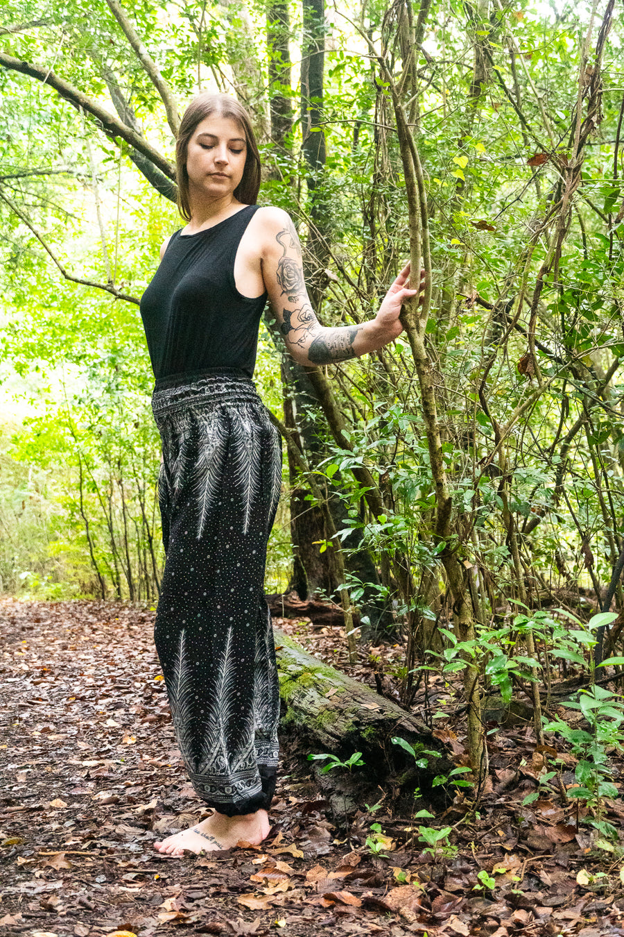 Black Peacock Light Feather Plus Size Harem Pants