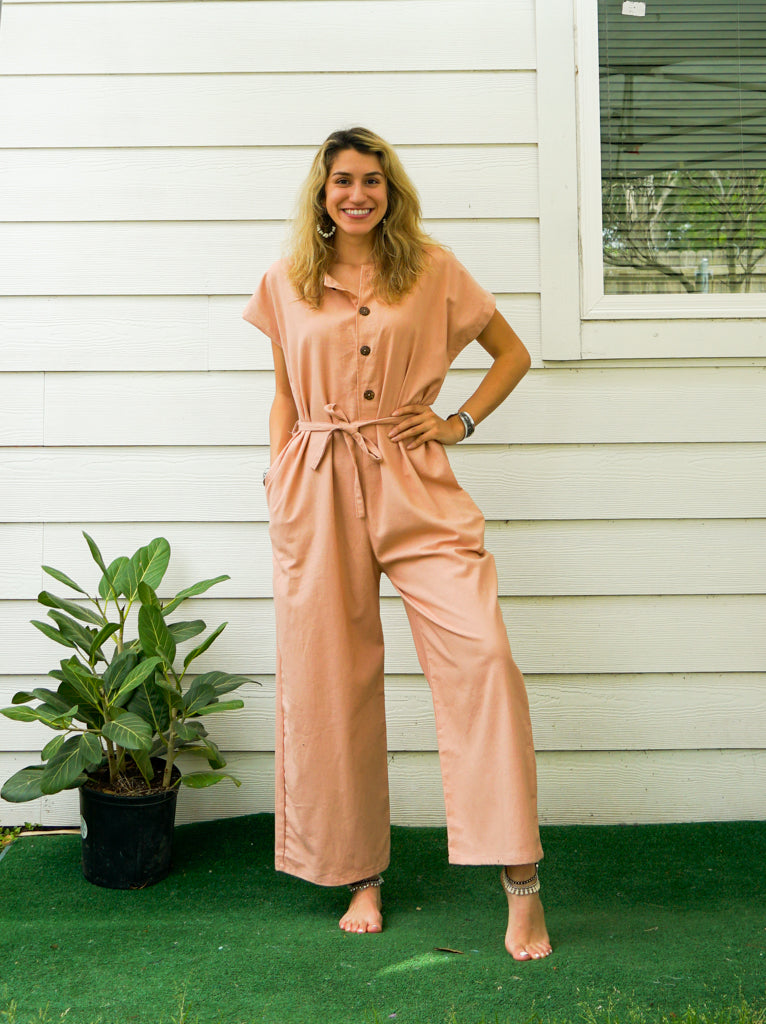 Peach Natural Cotton Jumpsuits with Pockets